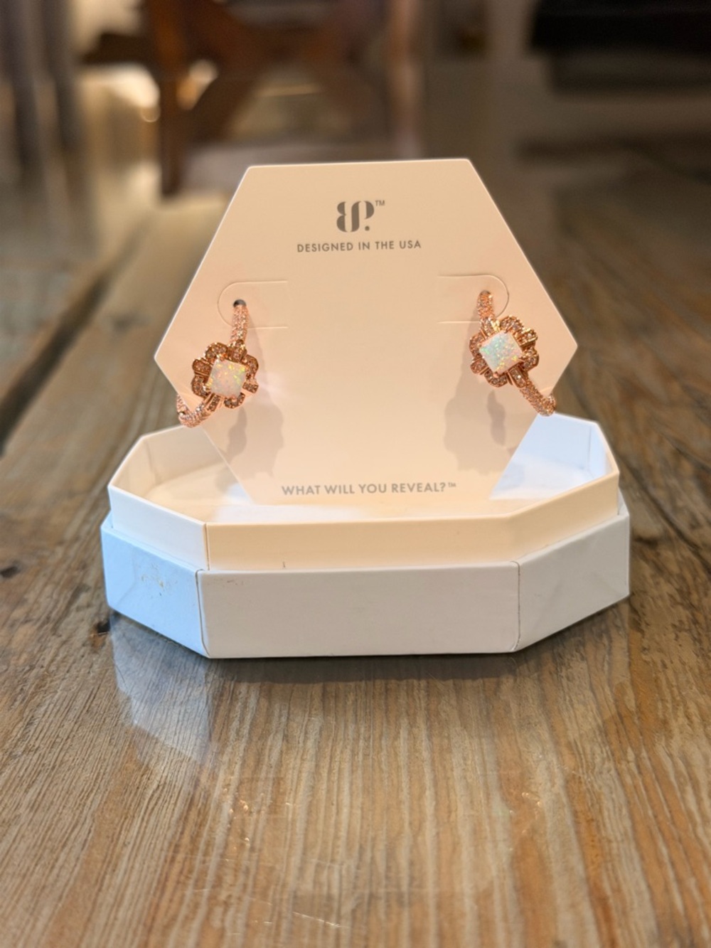 Bomb Party NWOT! Opal Center Rose Gold Floral Hoop Earrings